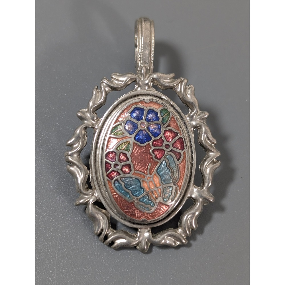 Vintage Cloisonne Butterfly Flower Pearl Enhancer Pendant Silver Tone Enamel